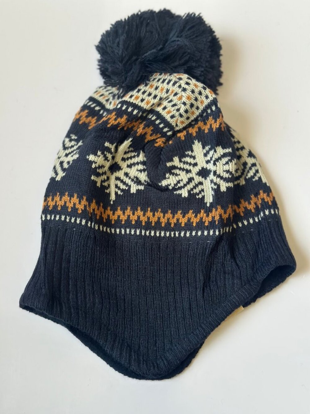 XOMZG Knit Pom Beanie Navy Snowflake Fair Isle - Unisex Winter Hat, New